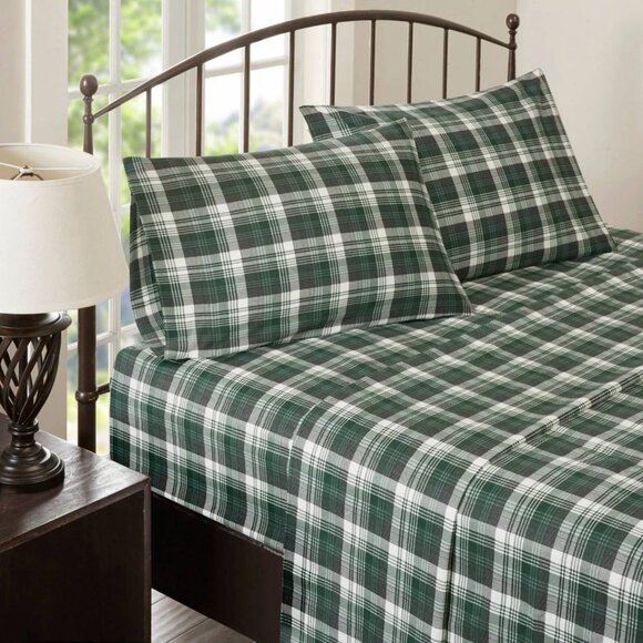 Woolrich Full Cotton Flannel Sheet Set Green Plaid